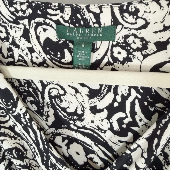 Lauren Ralph Lauren Paisley Print Jersey Knit Dress Size 6 Black White Stretch - Picture 5 of 10